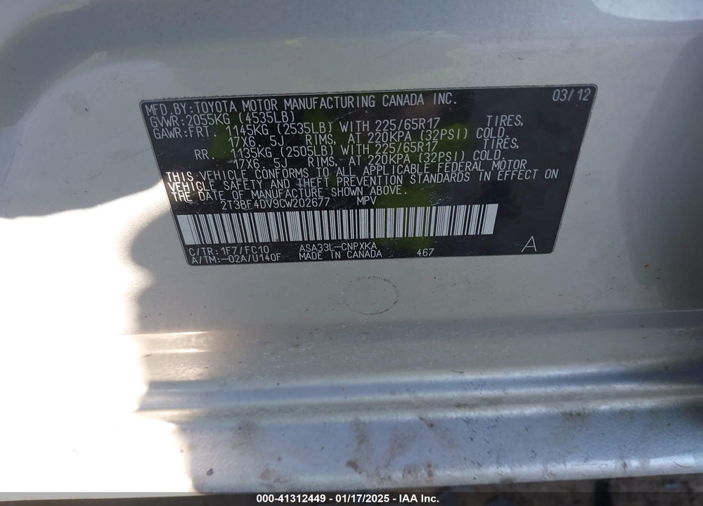 2012 TOYOTA RAV4 VIN: 2T3BF4DV9CW202677