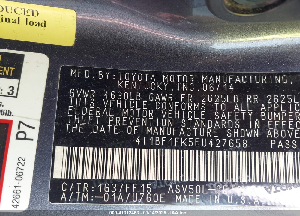 2014 TOYOTA CAMRY VIN: 4T1BF1FK5EU427658