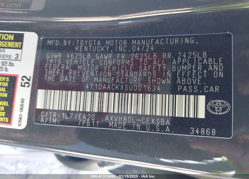 2025 TOYOTA CAMRY VIN: 4T1DAACKXSU001634