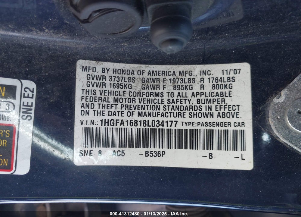 2008 HONDA CIVIC VIN: 1HGFA16818L034177