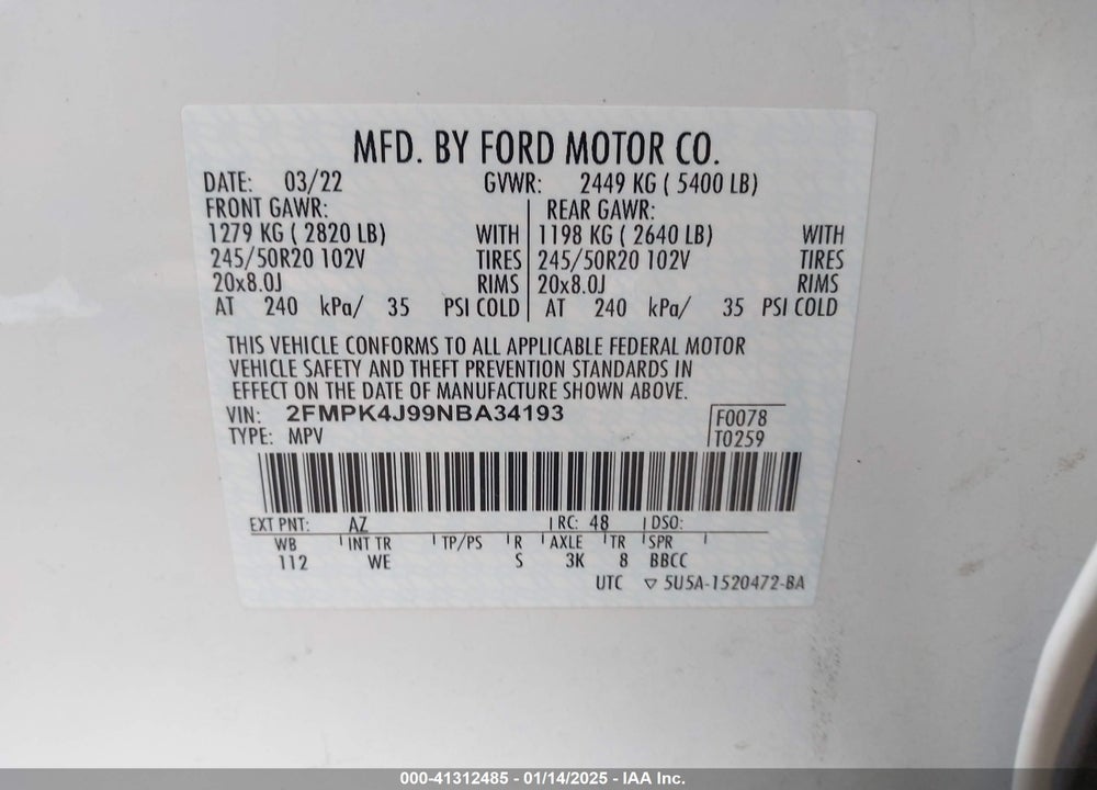 2022 FORD EDGE ST-LINE VIN: 2FMPK4J99NBA34193