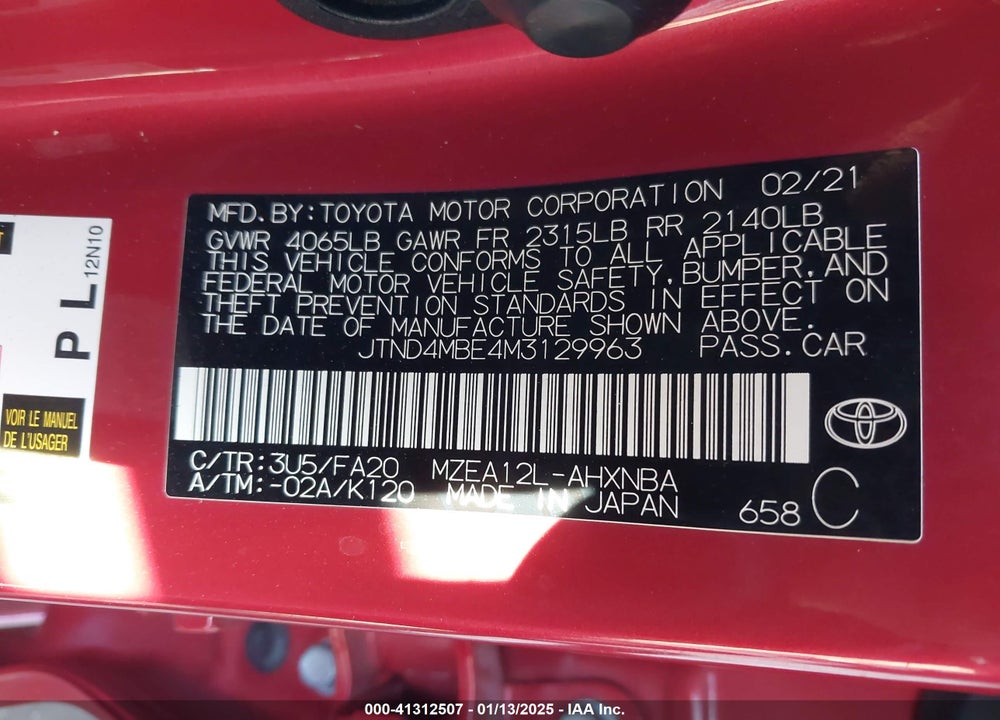 2021 TOYOTA COROLLA SE VIN: JTND4MBE4M3129963