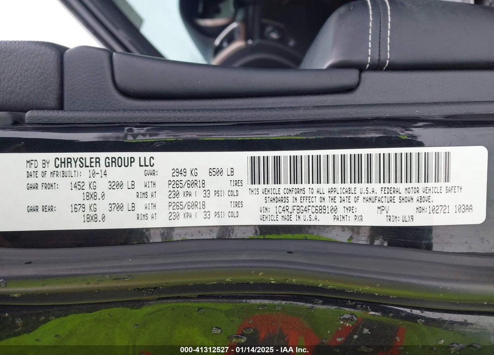 2015 JEEP GRAND CHEROKEE LIMITED VIN: 1C4RJFBG4FC689100