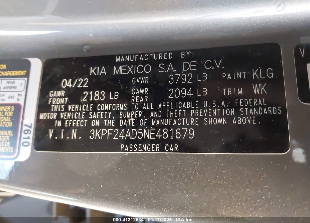 2022 KIA FORTE VIN: 3KPF24AD5NE481679