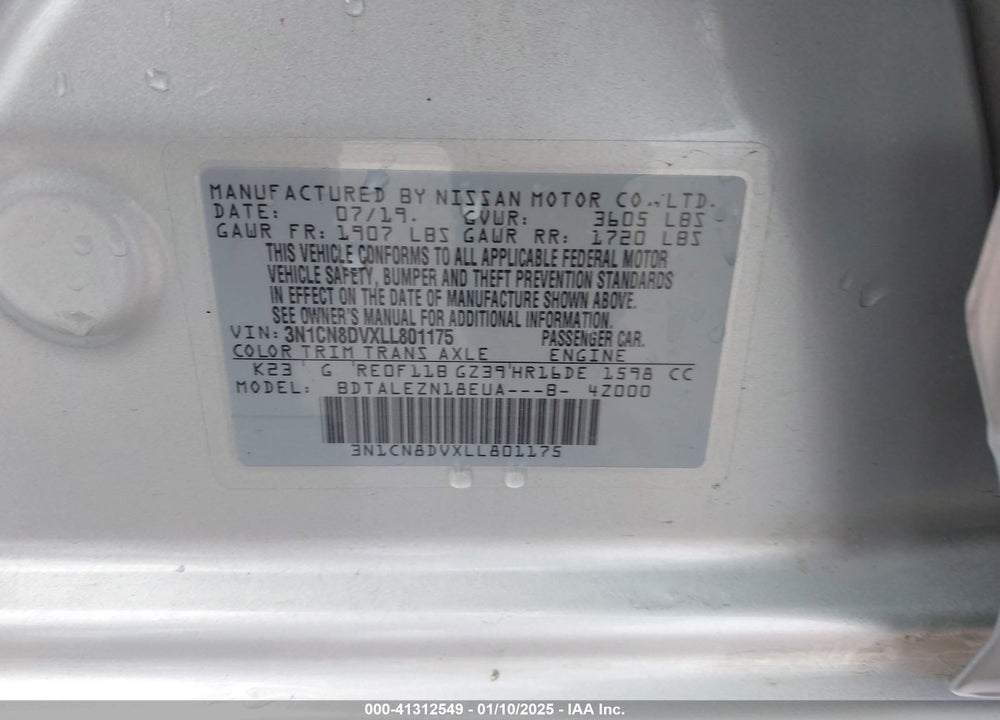 2020 NISSAN VERSA S XTRONIC CVT VIN: 3N1CN8DVXLL801175