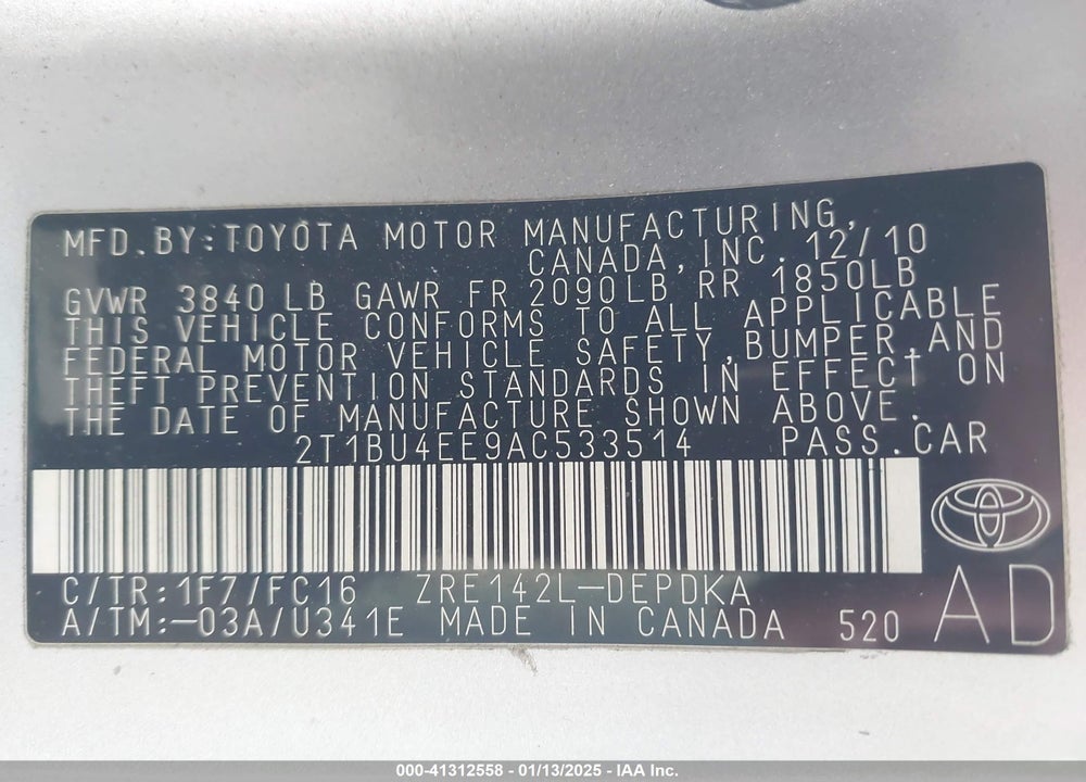 2010 TOYOTA COROLLA VIN: 2T1BU4EE9AC533514