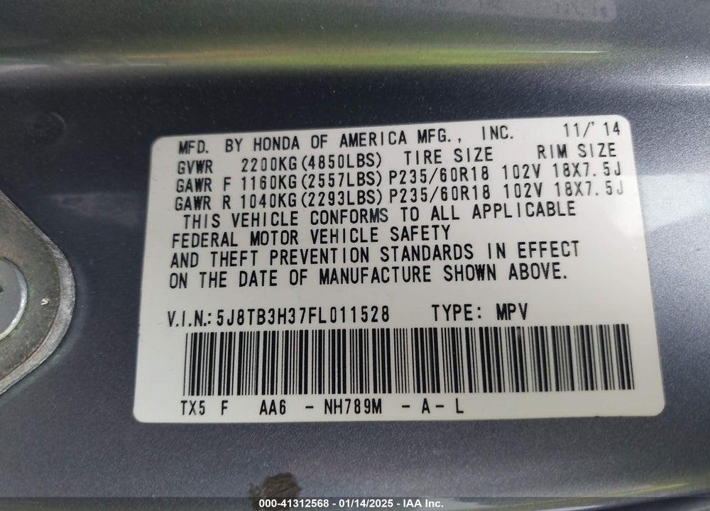 2015 ACURA RDX VIN: 5J8TB3H37FL011528