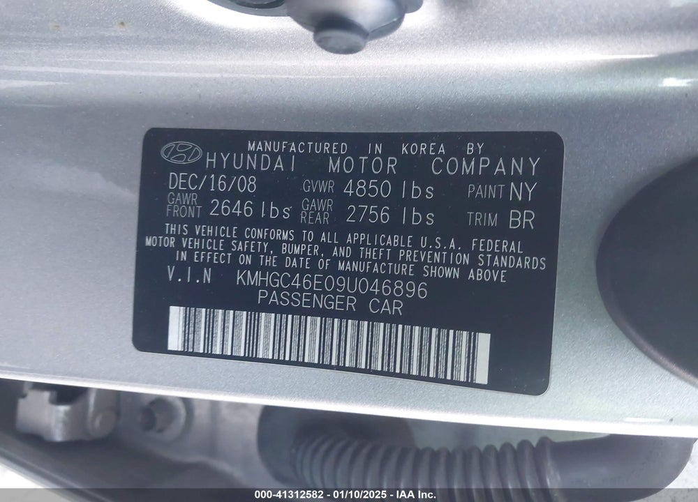 2009 HYUNDAI GENESIS 3.8 VIN: KMHGC46E09U046896