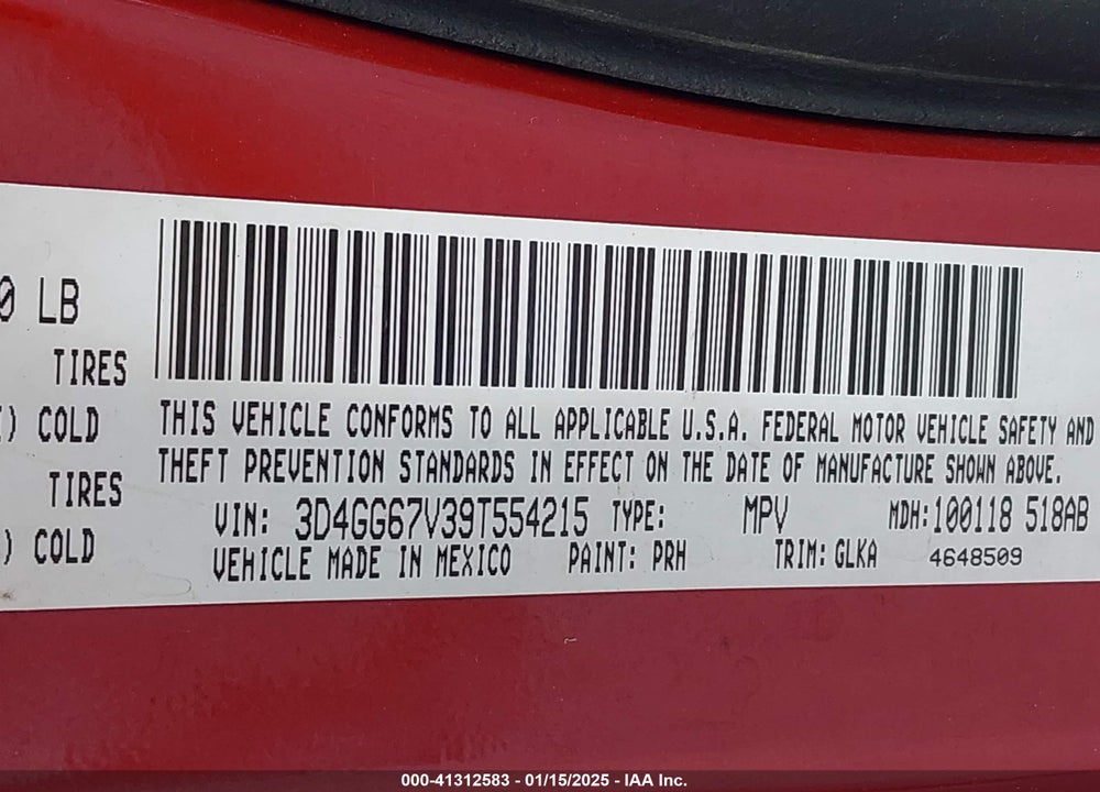 2009 DODGE JOURNEY R/T VIN: 3D4GG67V39T554215