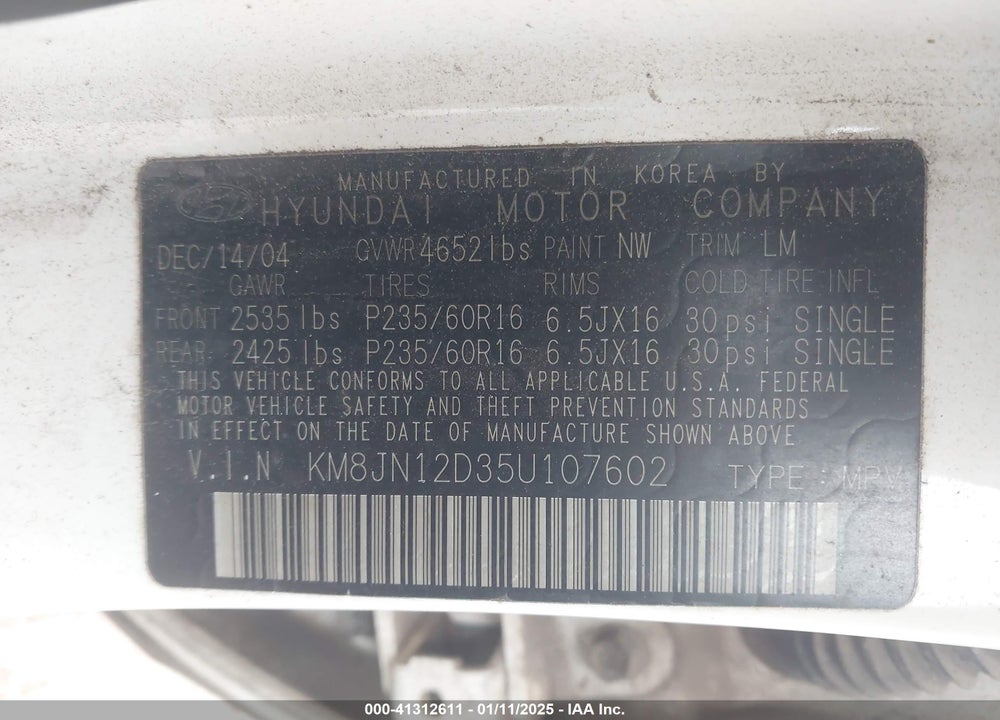 2005 HYUNDAI TUCSON GLS/LX VIN: KM8JN12D35U107602