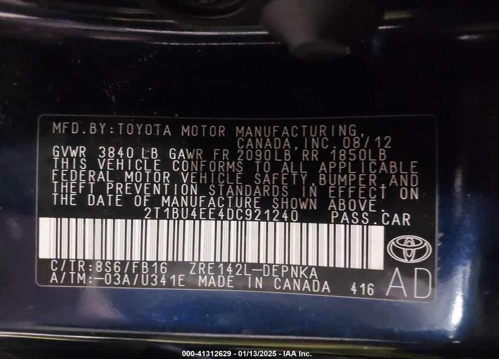 2013 TOYOTA COROLLA VIN: 2T1BU4EE4DC921240