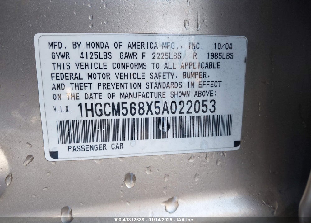 2005 HONDA ACCORD 2.4 EX VIN: 1HGCM568X5A022053