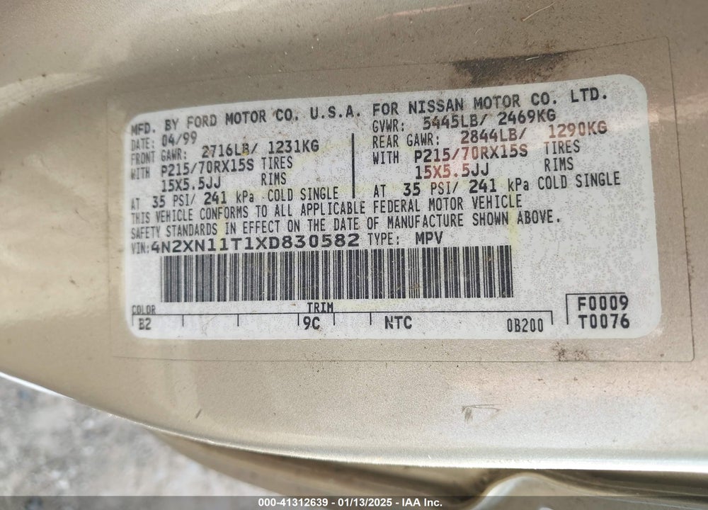 1999 NISSAN QUEST GLE/GXE/SE VIN: 4N2XN11T1XD830582