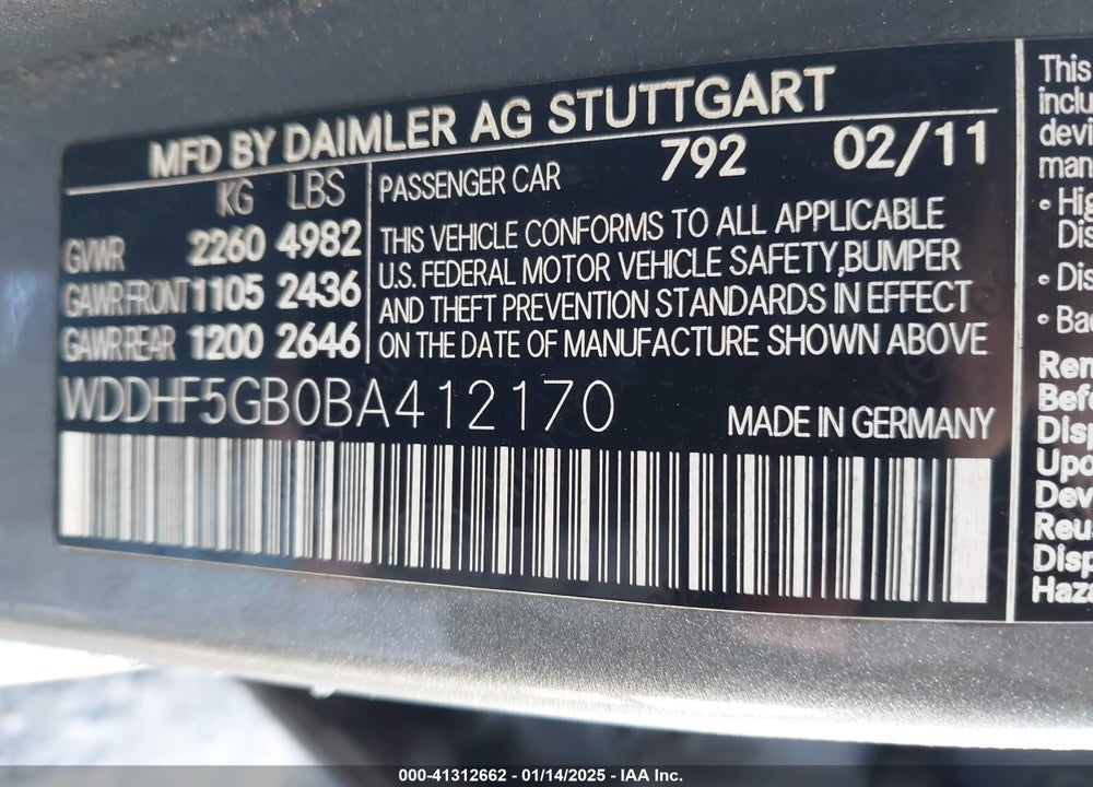 2011 MERCEDES-BENZ E 350 VIN: WDDHF5GB0BA412170