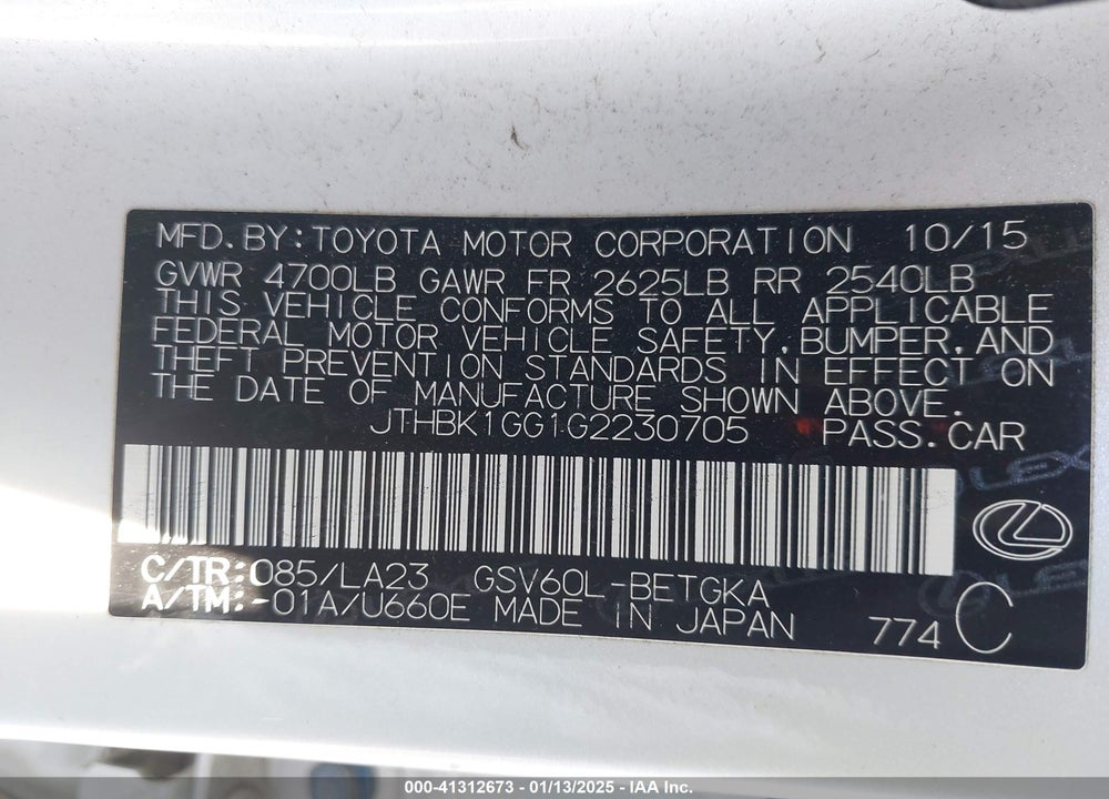 2016 LEXUS ES 350 VIN: JTHBK1GG1G2230705