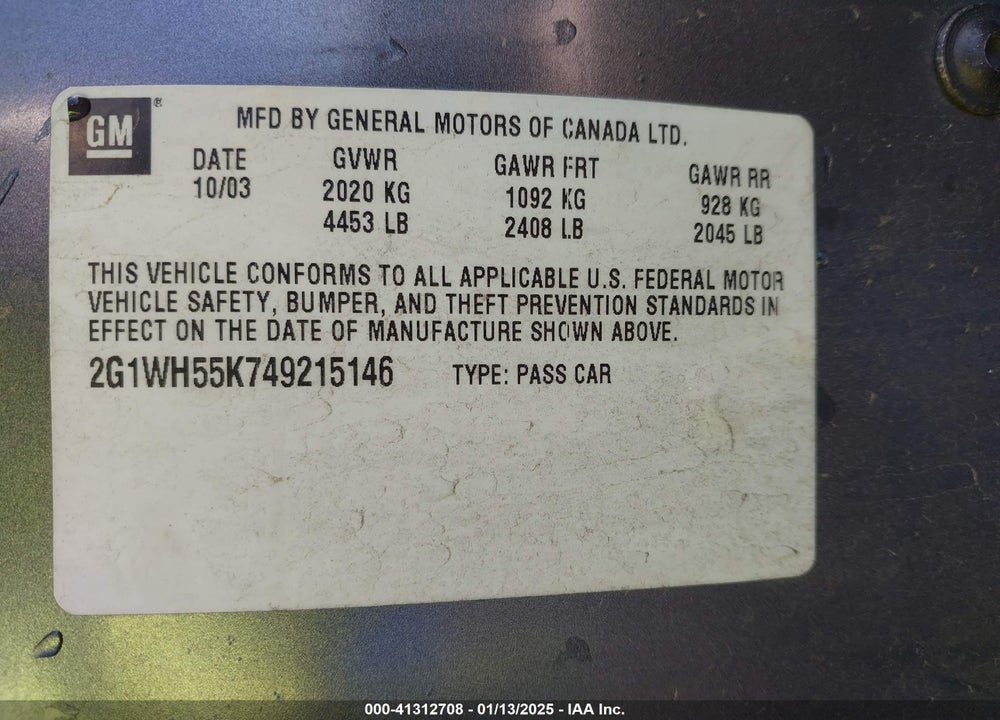 2004 CHEVROLET IMPALA LS VIN: 2G1WH55K749215146