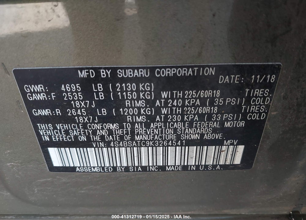 2019 SUBARU OUTBACK VIN: 4S4BSATC9K3264541