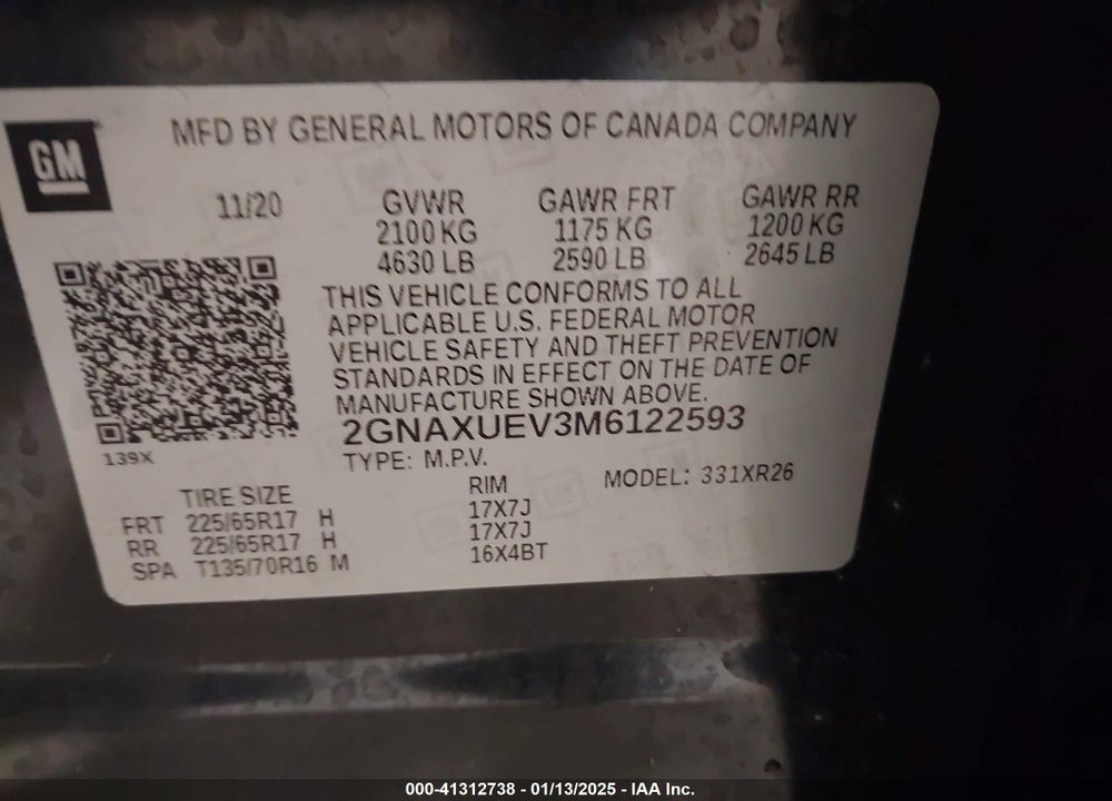2021 CHEVROLET EQUINOX AWD LT VIN: 2GNAXUEV3M6122593