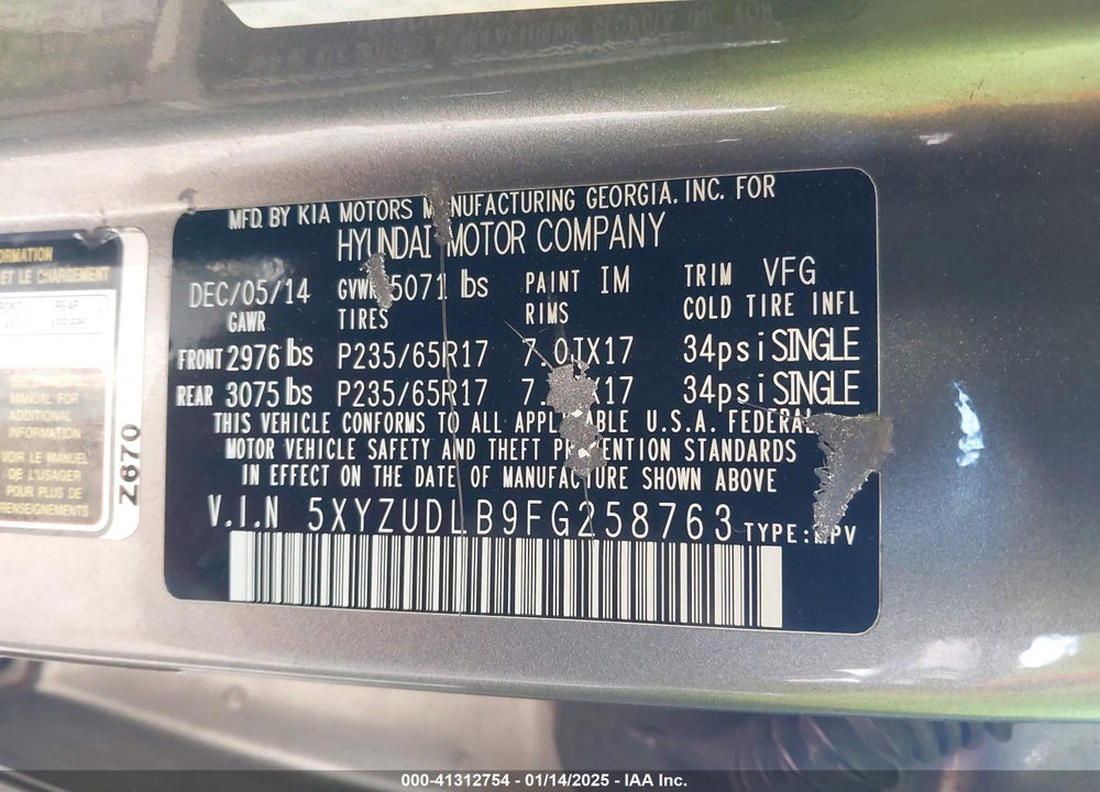 2015 HYUNDAI SANTA FE SPORT VIN: 5XYZUDLB9FG258763