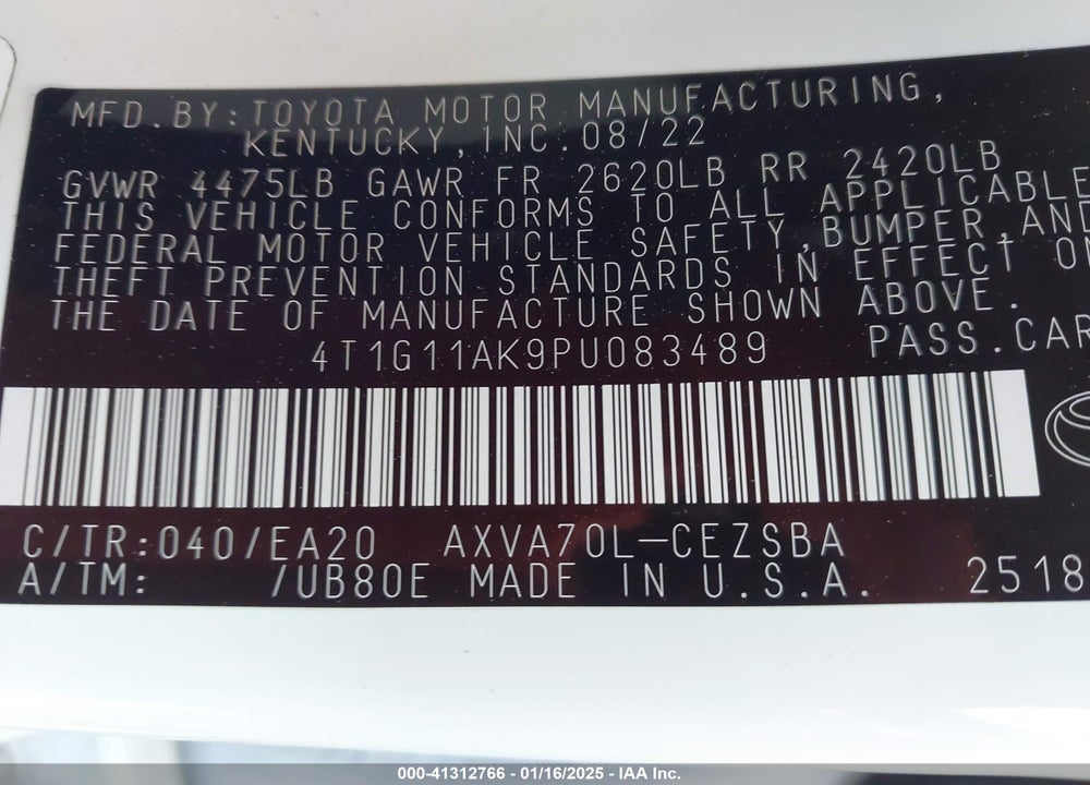 2023 TOYOTA CAMRY VIN: 4T1G11AK9PU083489