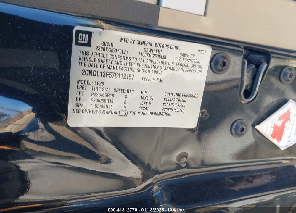 2007 CHEVROLET EQUINOX LS VIN: 2CNDL13F576112157