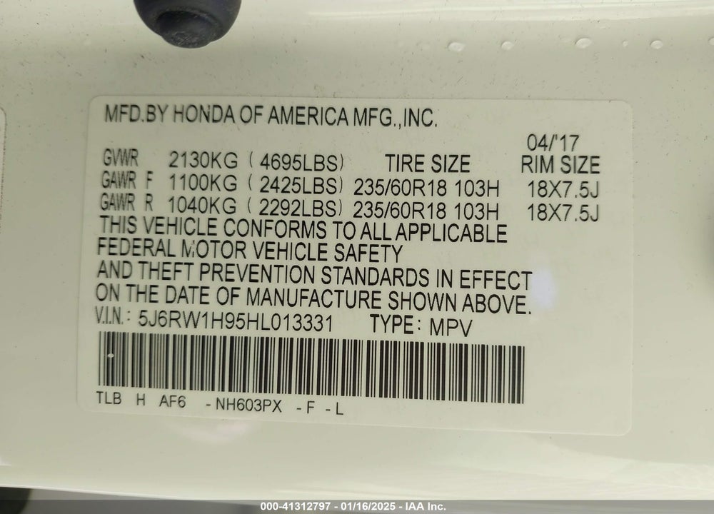 2017 HONDA CR-V TOURING VIN: 5J6RW1H95HL013331