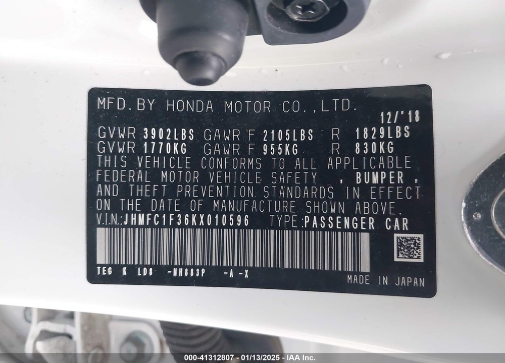 2019 HONDA CIVIC VIN: JHMFC1F36KX010596