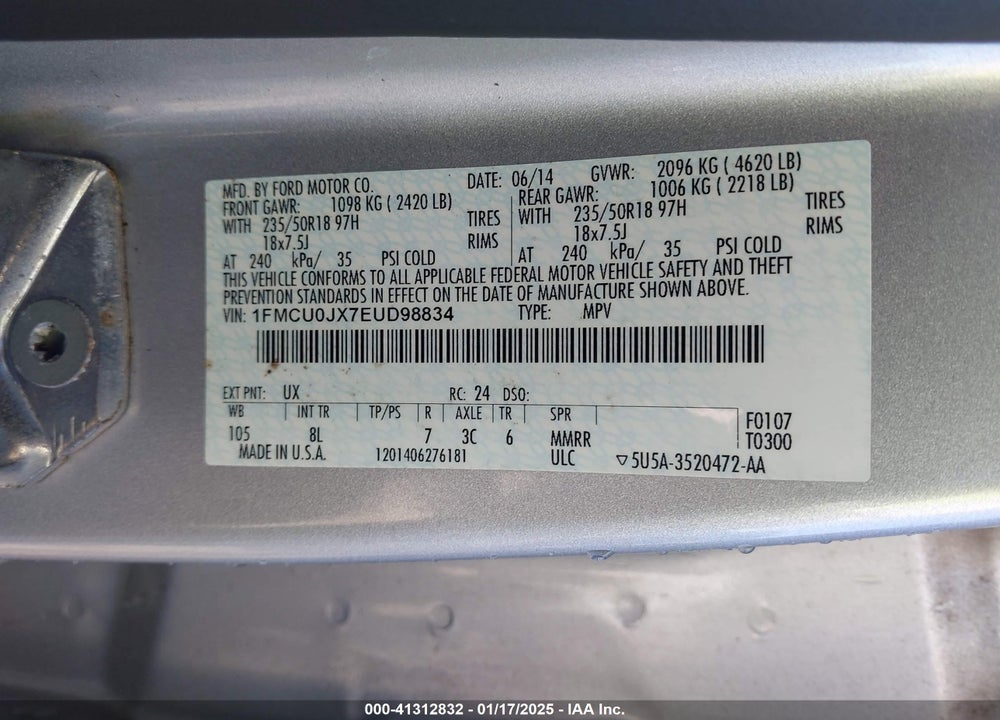 2014 FORD ESCAPE TITANIUM VIN: 1FMCU0JX7EUD98834