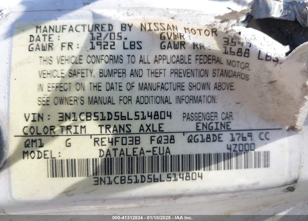 2006 NISSAN SENTRA 1.8S VIN: 3N1CB51D56L514804