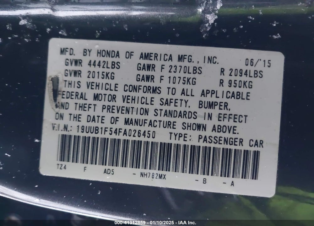 2015 ACURA TLX VIN: 19UUB1F54FA026450