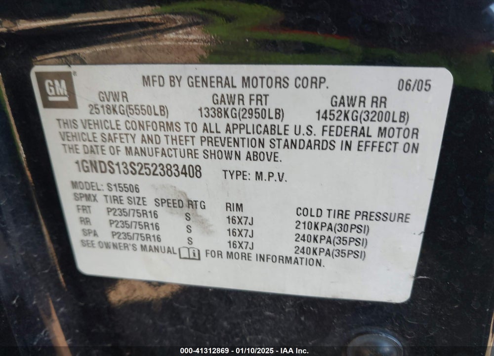 2005 CHEVROLET TRAILBLAZER LS VIN: 1GNDS13S252383408