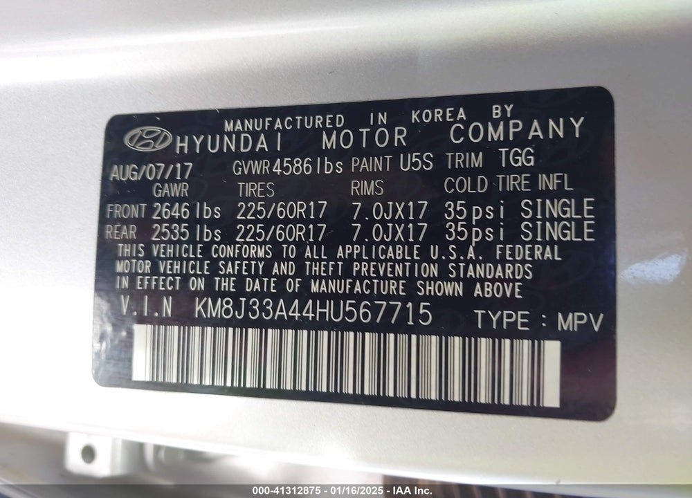 2017 HYUNDAI TUCSON SE VIN: KM8J33A44HU567715
