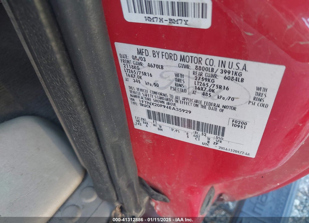 2004 FORD F-250 LARIAT/XL/XLT VIN: 1FTNX20P94EA35929
