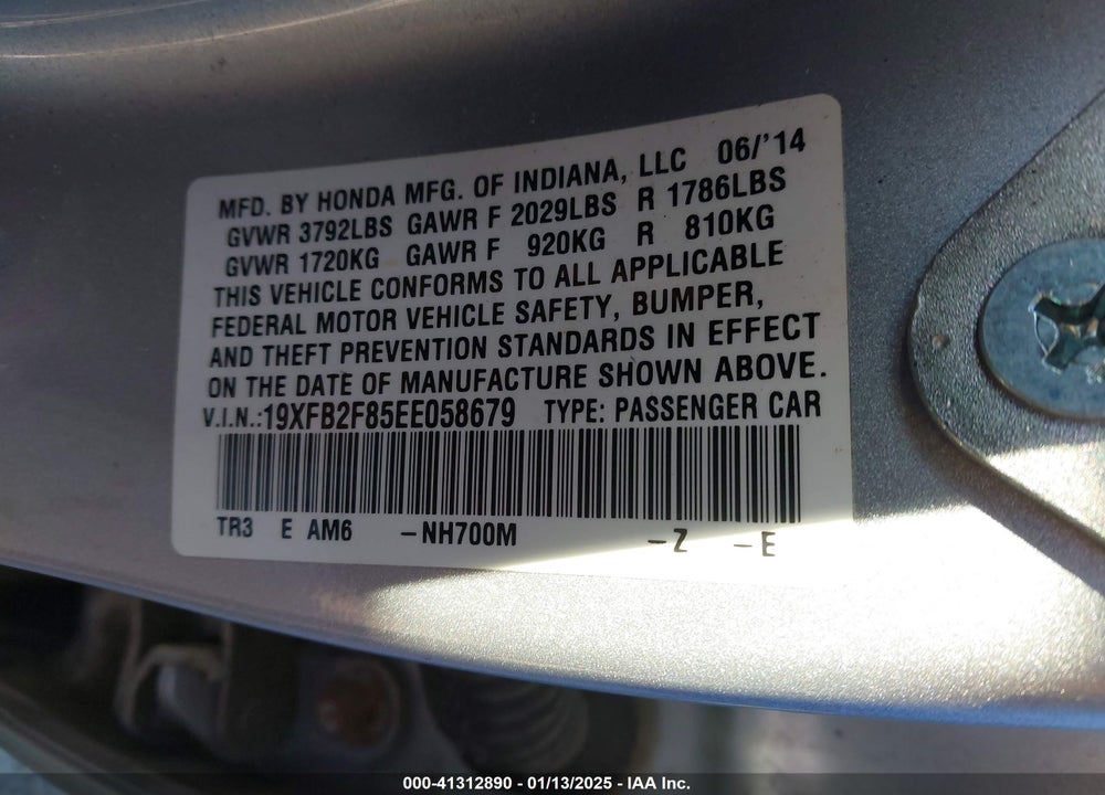 2014 HONDA CIVIC EX VIN: 19XFB2F85EE058679