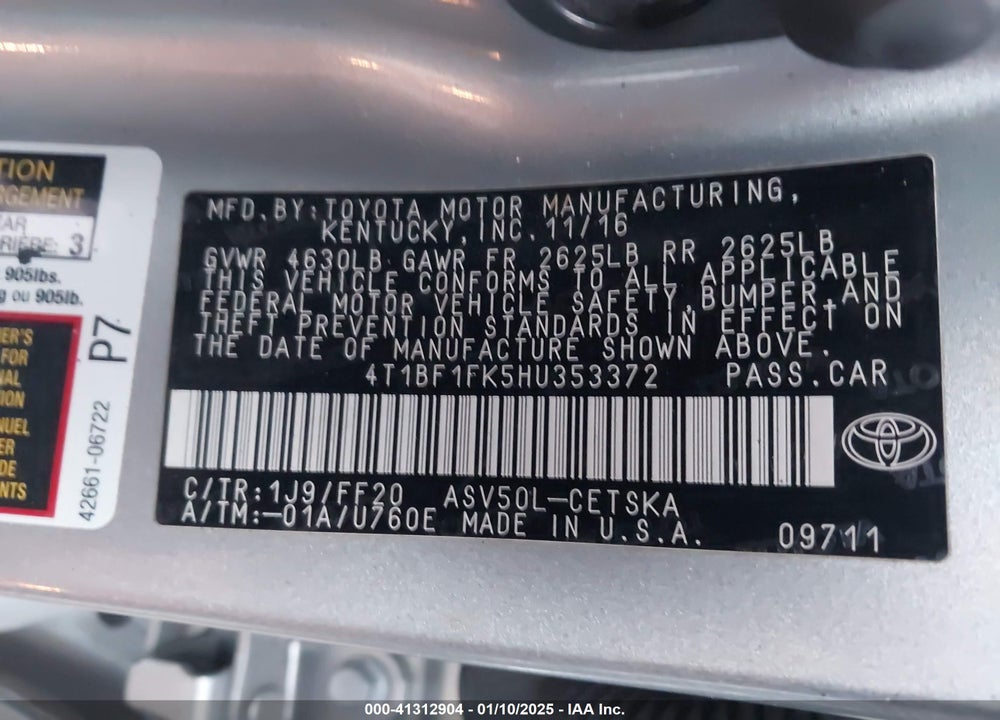2017 TOYOTA CAMRY VIN: 4T1BF1FK5HU353372