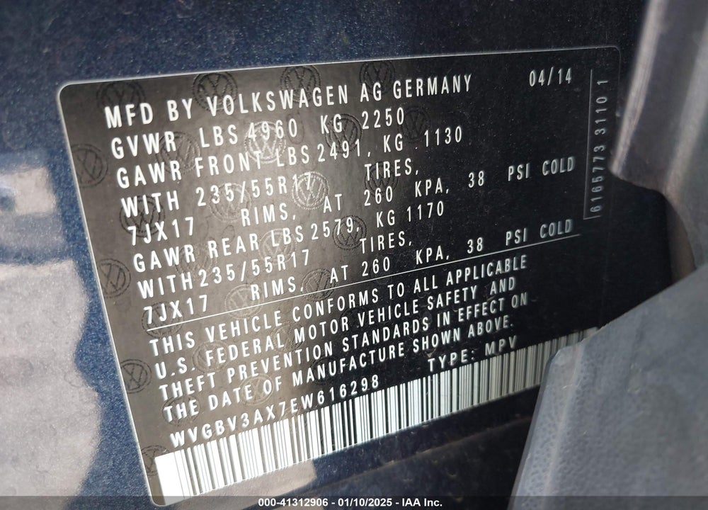 2014 VOLKSWAGEN TIGUAN SE VIN: WVGBV3AX7EW616298