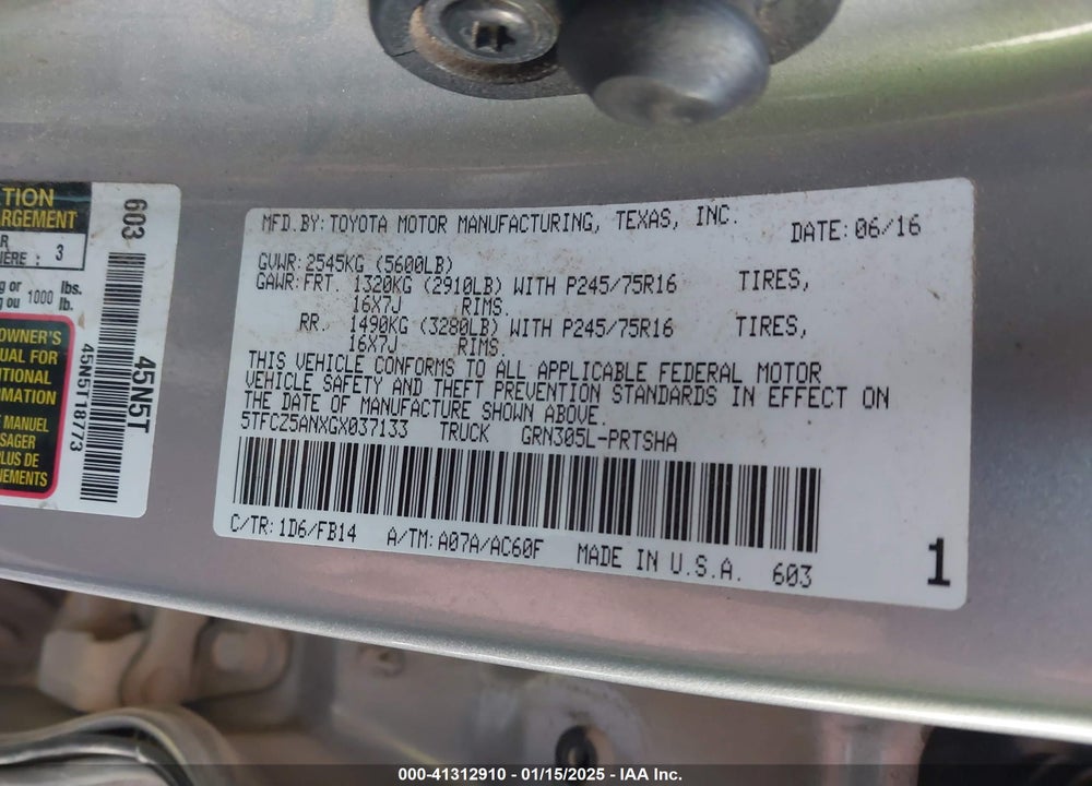 2016 TOYOTA TACOMA VIN: 5TFCZ5ANXGX037133