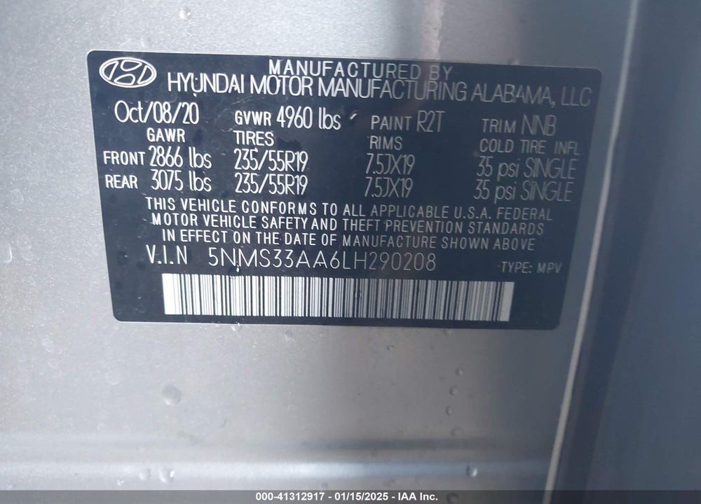 2020 HYUNDAI SANTA FE SEL 2.0T VIN: 5NMS33AA6LH290208