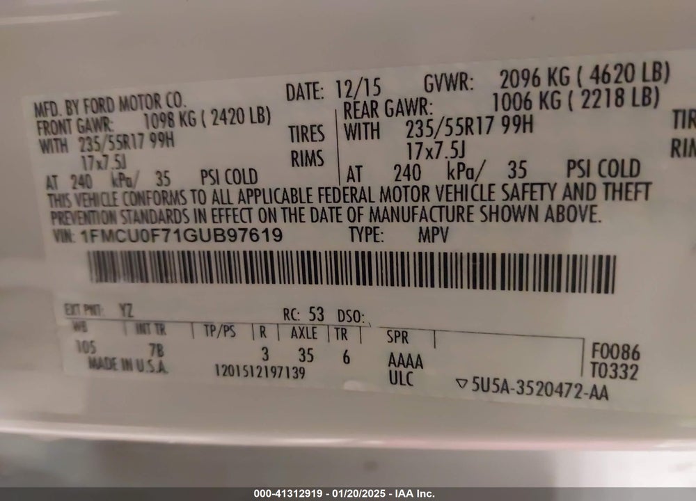 2016 FORD ESCAPE S VIN: 1FMCU0F71GUB97619
