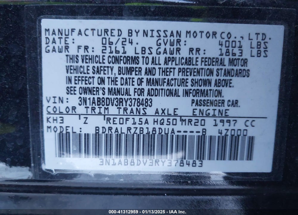 2024 NISSAN SENTRA VIN: 3N1AB8DV3RY378483