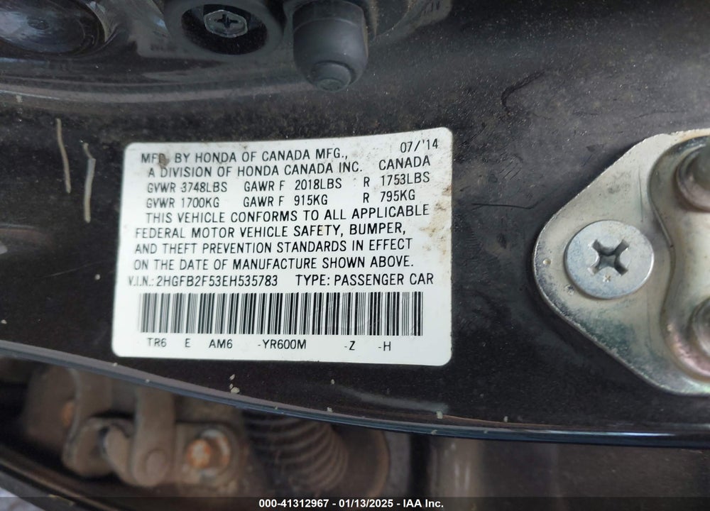 2014 HONDA CIVIC LX VIN: 2HGFB2F53EH535783