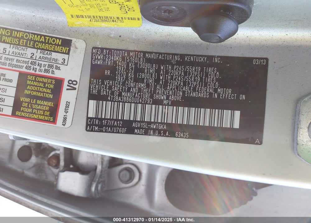 2013 TOYOTA VENZA LE/XLE VIN: 4T3BA3BB6DU042793
