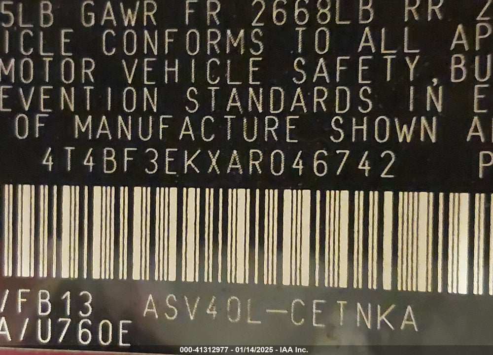 2010 TOYOTA CAMRY VIN: 4T4BF3EKXAR046742