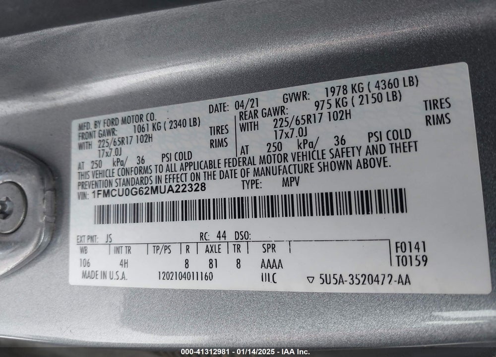 2021 FORD ESCAPE VIN: 1FMCU0G62MUA22328