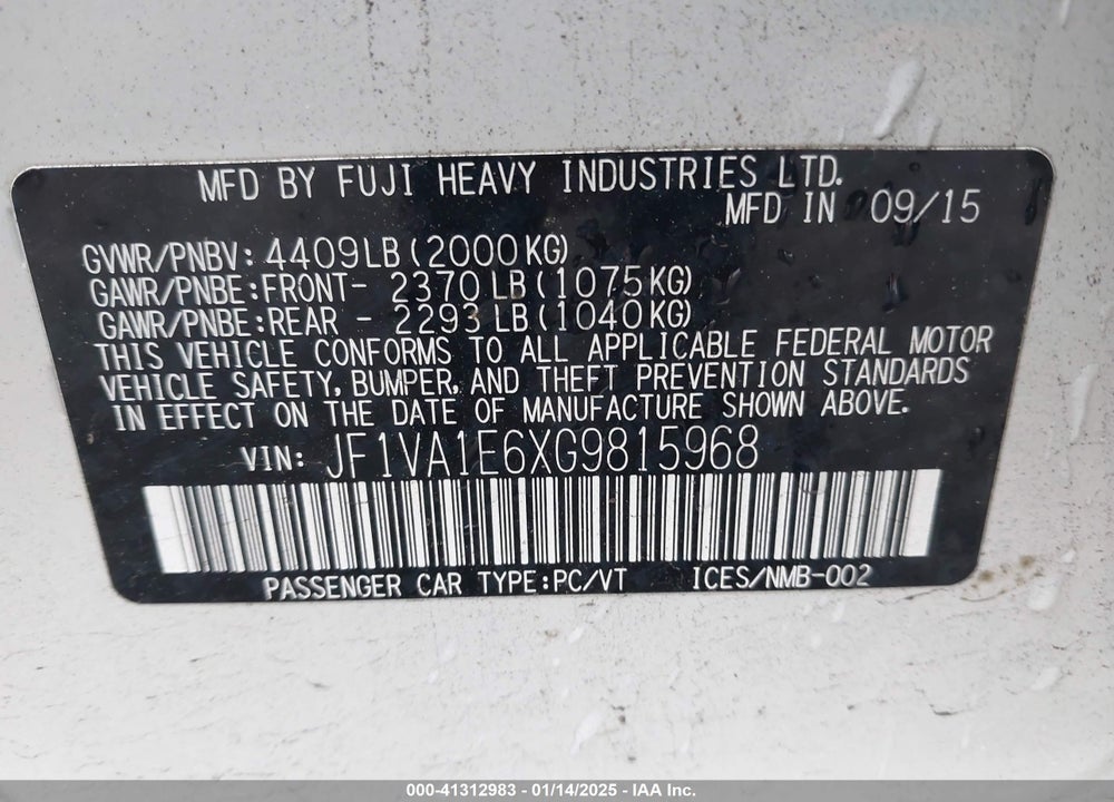 2016 SUBARU WRX VIN: JF1VA1E6XG9815968