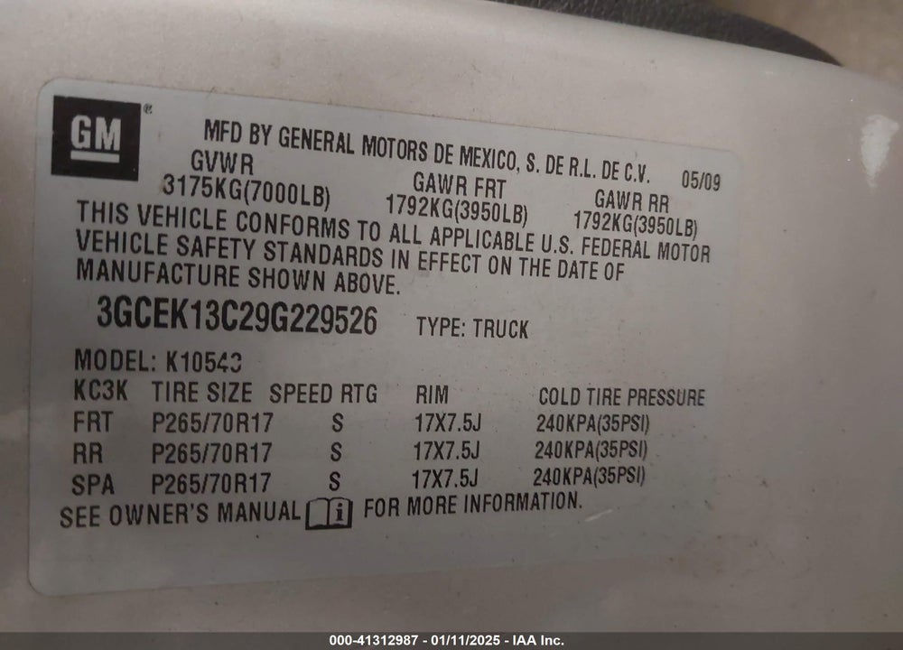2009 CHEVROLET SILVERADO VIN: 3GCEK13C29G229526