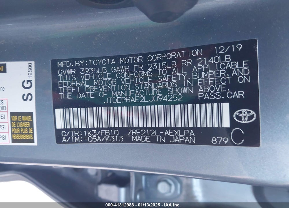2020 TOYOTA COROLLA LE VIN: JTDEPRAE2LJ094252