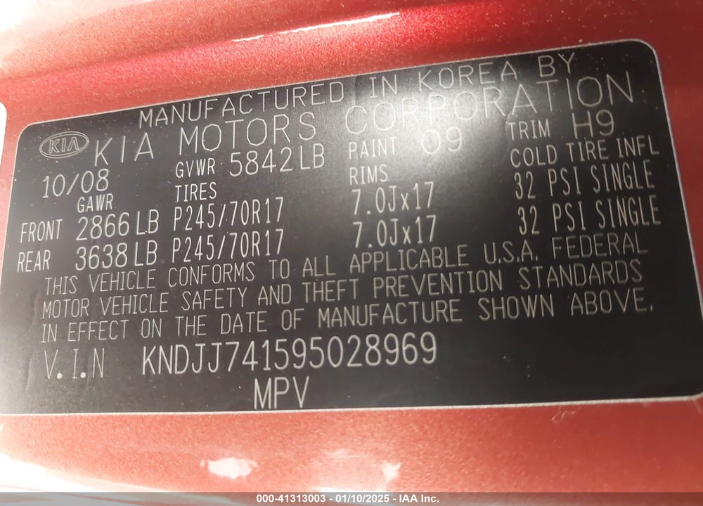 2009 KIA BORREGO LX VIN: KNDJJ741595028969