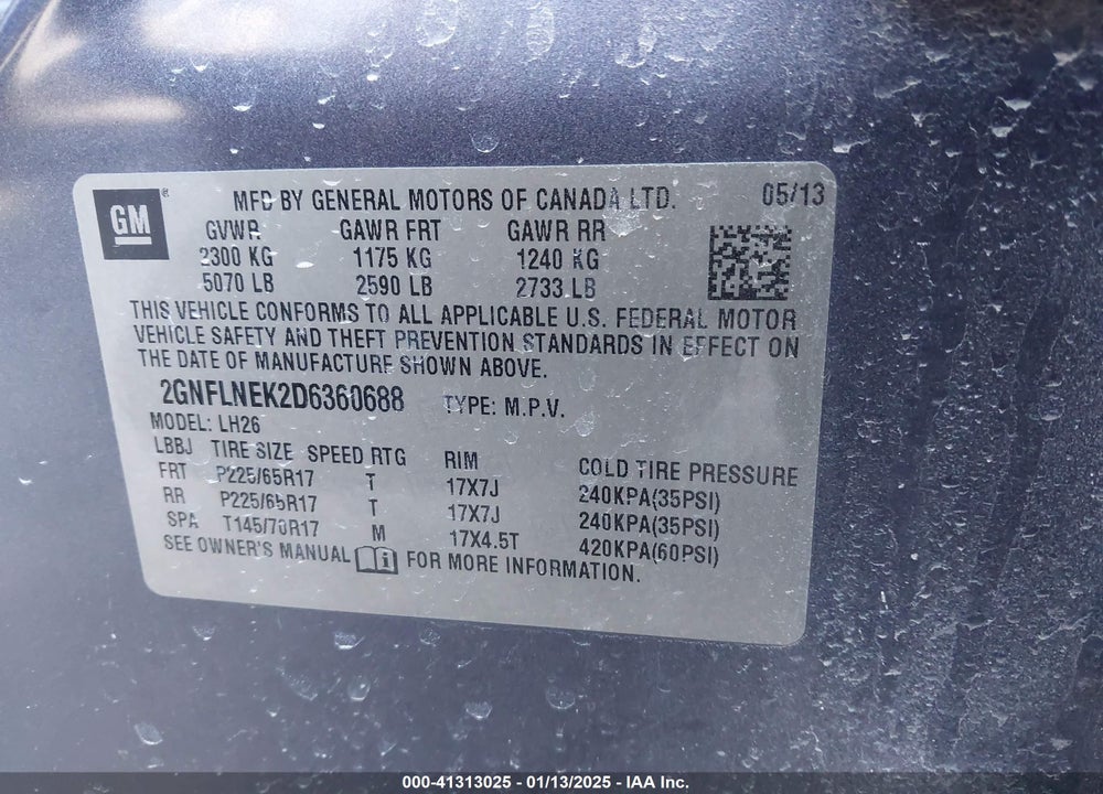 2013 CHEVROLET EQUINOX 2LT VIN: 2GNFLNEK2D6360688