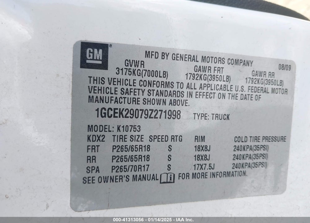 2009 CHEVROLET SILVERADO 1500 LT VIN: 1GCEK29079Z271998